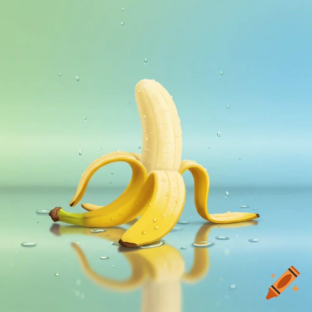 Graphic illustration of a peeled banana with water droplets on a wet reflective surface against a green and blue background.