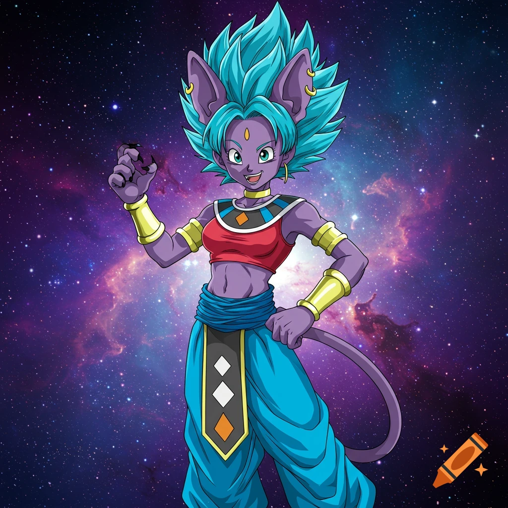 An anime character with purple skin, cat ears, and blue spiky hair, wearing a red crop top and blue pants, against a galaxy background.