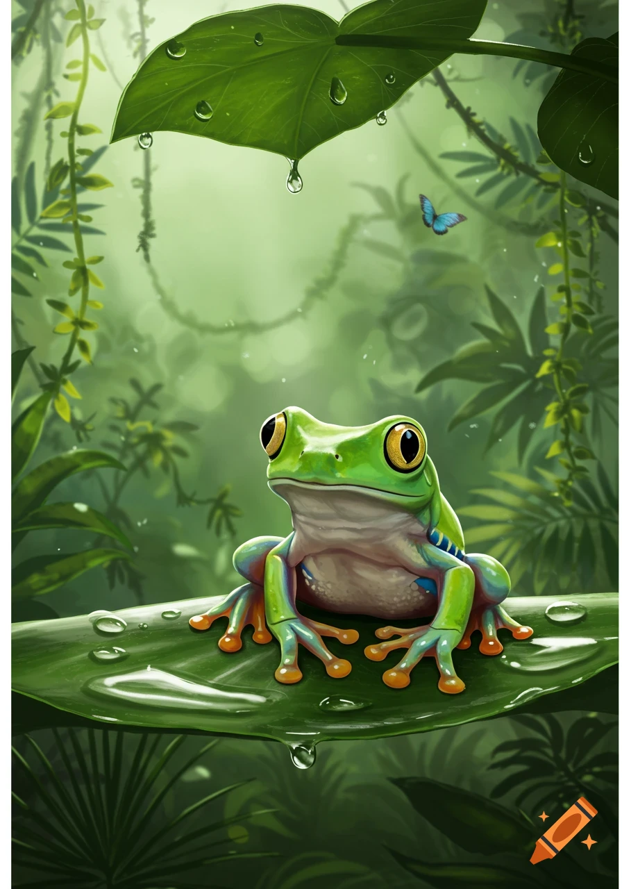 A vibrant green frog with big yellow eyes sits on a dewy leaf in a lush jungle. A blue butterfly flies in the background. Digital art.