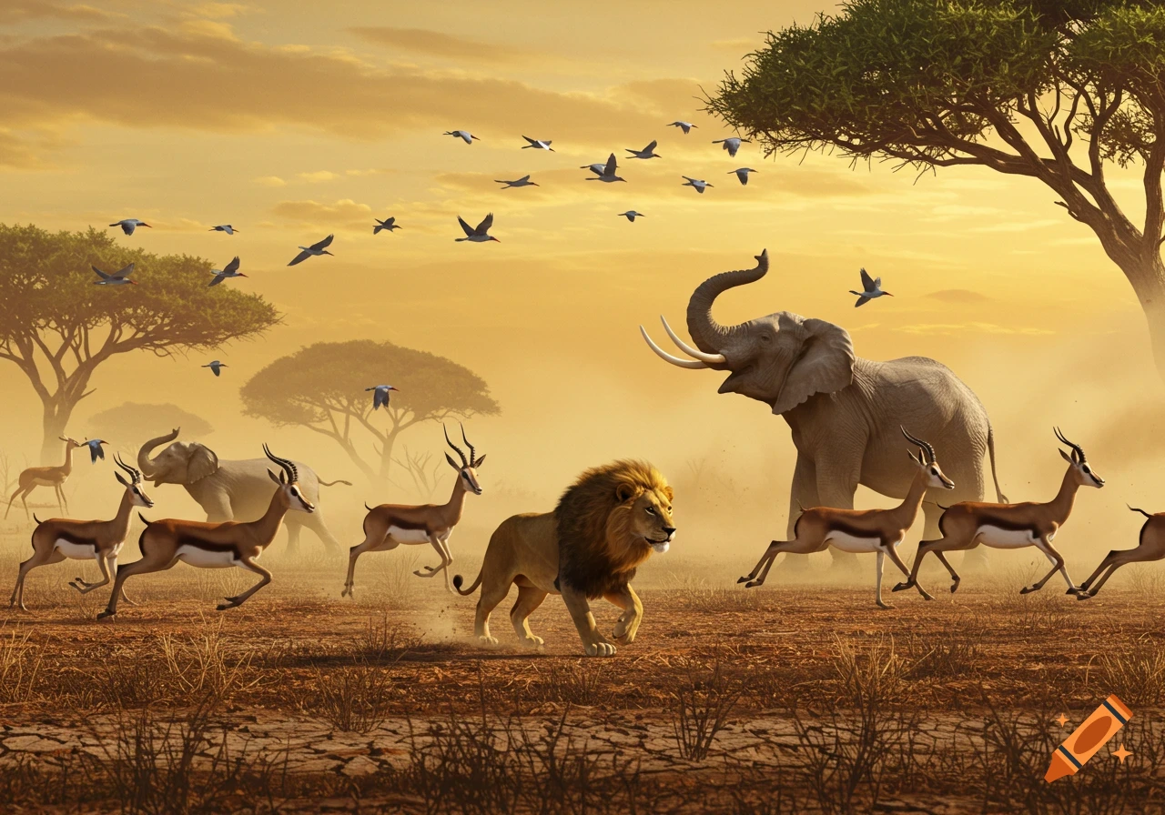 Photorealistic scene of a lion, elephant, and gazelles in a savanna landscape at sunset with flying birds and acacia trees.