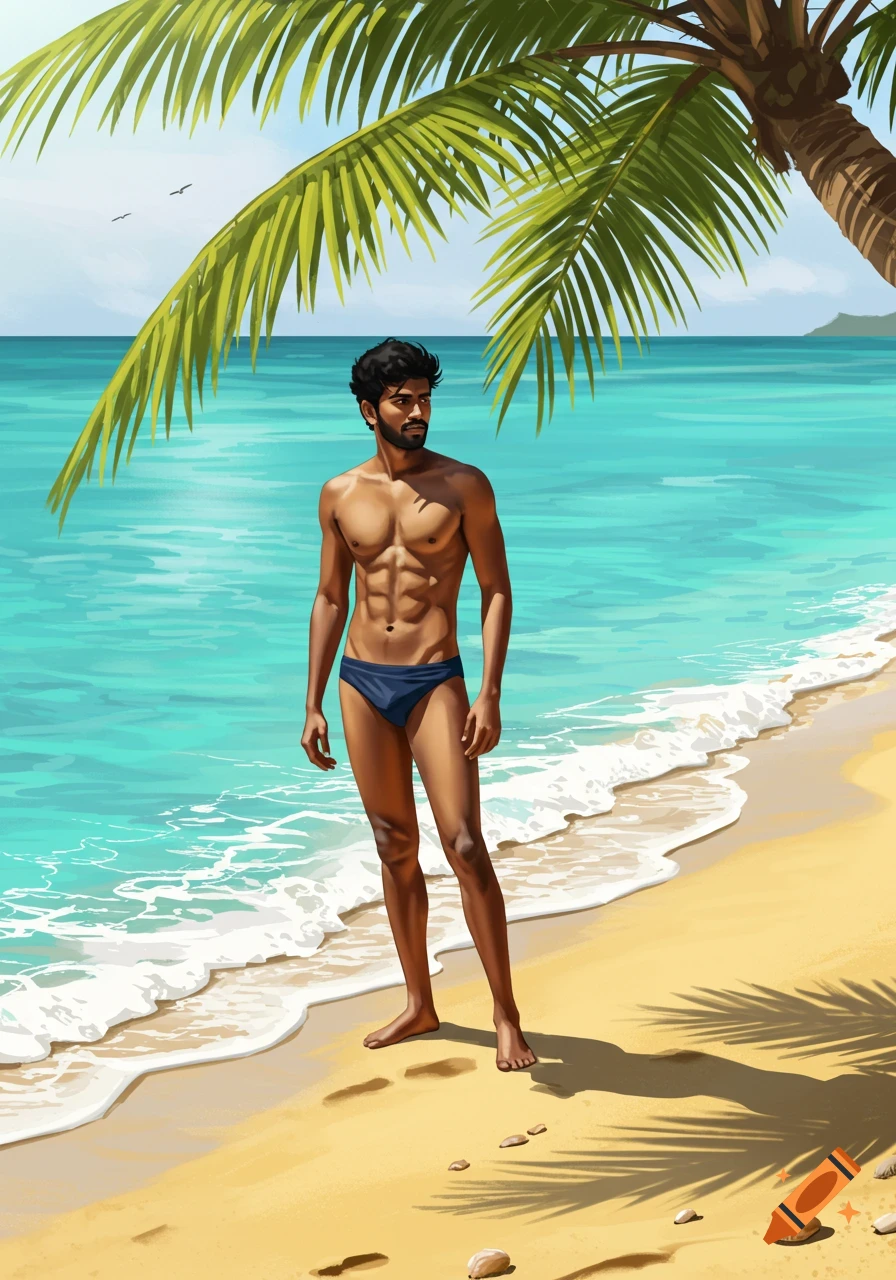 Illustrative digital painting of a lean Tamil man in a blue speedo standing on a sunny beach with turquoise water and a palm tree.