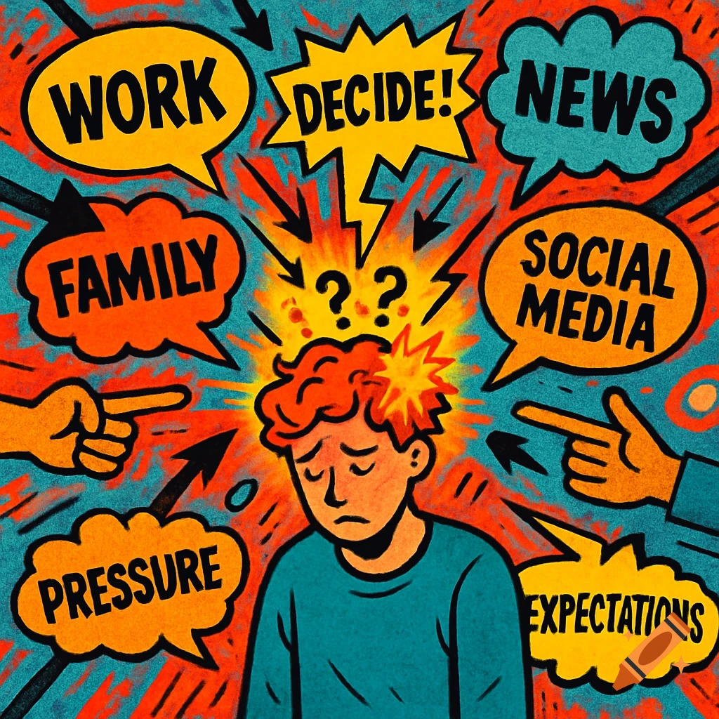 Comic illustration of an overwhelmed person surrounded by speech bubbles with words like 'Work', 'Family', 'News', and 'Pressure' and pointing hands.