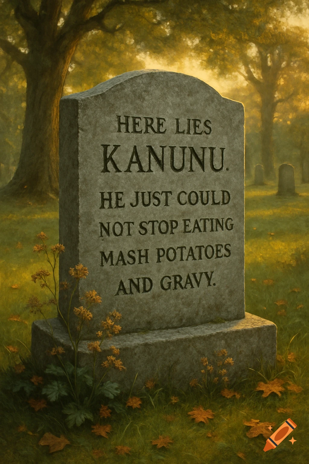 Photorealistic headstone in a sunlit cemetery, inscribed with a humorous epitaph about eating mash potatoes and gravy.