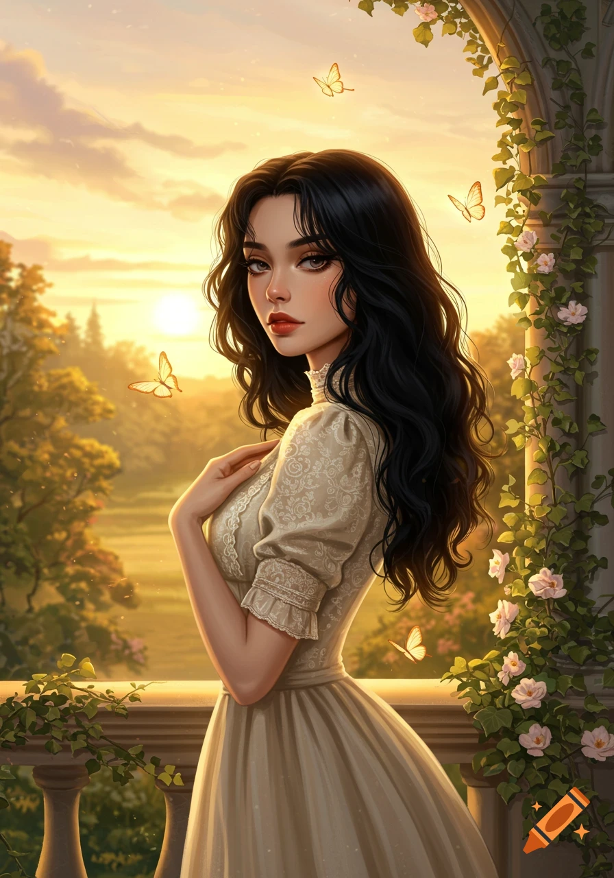 Digital art of a beautiful young woman with long dark hair in a cream dress, on a balcony with flowers and butterflies at sunset.