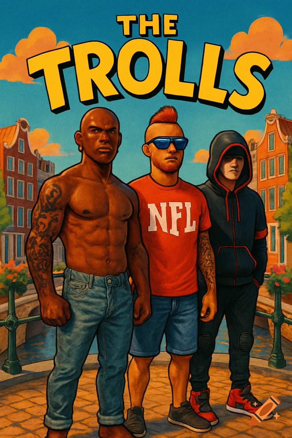 A cartoon movie poster titled 'THE TROLLS' featuring three men standing on an Amsterdam bridge. One is shirtless with tattoos, one wears an 'NFL' shirt, and one wears a hoodie.