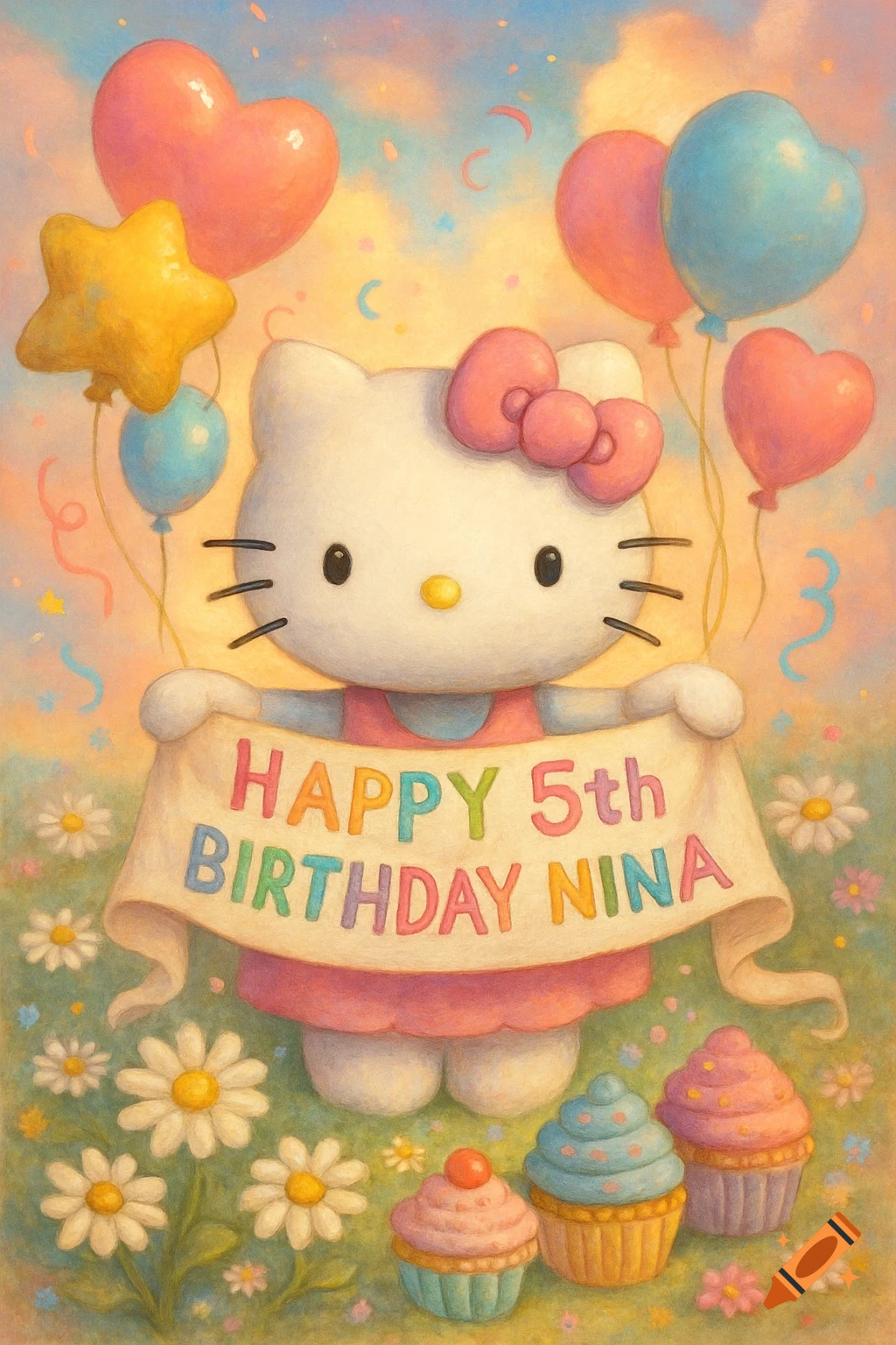 Hello Kitty holding a banner that reads 'HAPPY 5th BIRTHDAY NINA' surrounded by balloons, cupcakes, and flowers in a painterly style.