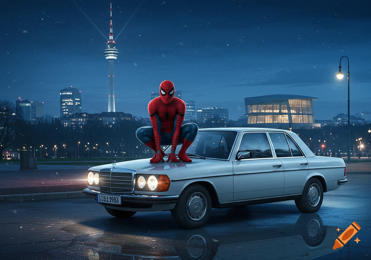 Photorealistic image of Spider-Man crouching on a white vintage Mercedes car at night, with a city skyline and TV tower in the background.