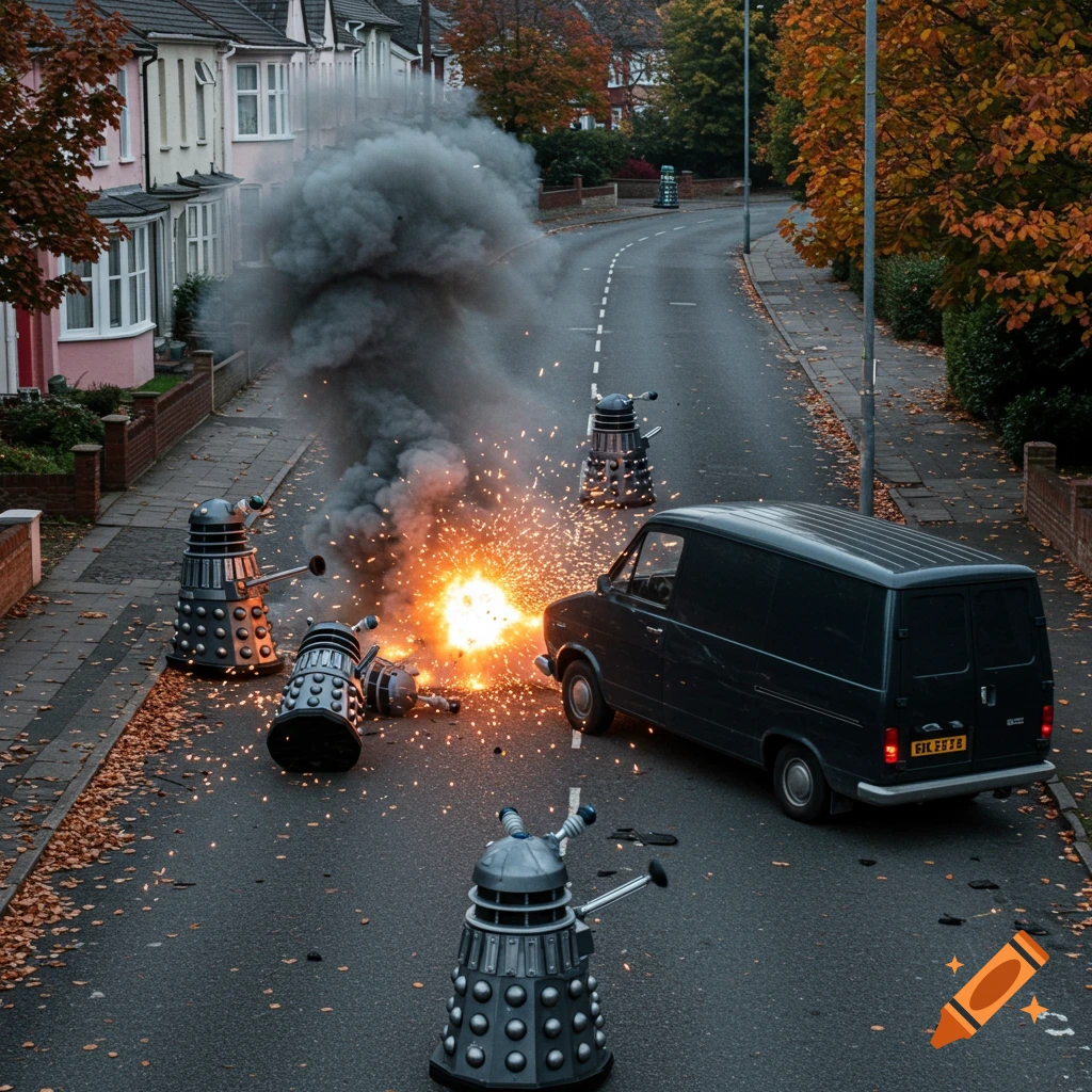 A photorealistic scene of a black van racing down a suburban street, colliding with and exploding several Daleks, creating smoke and sparks.