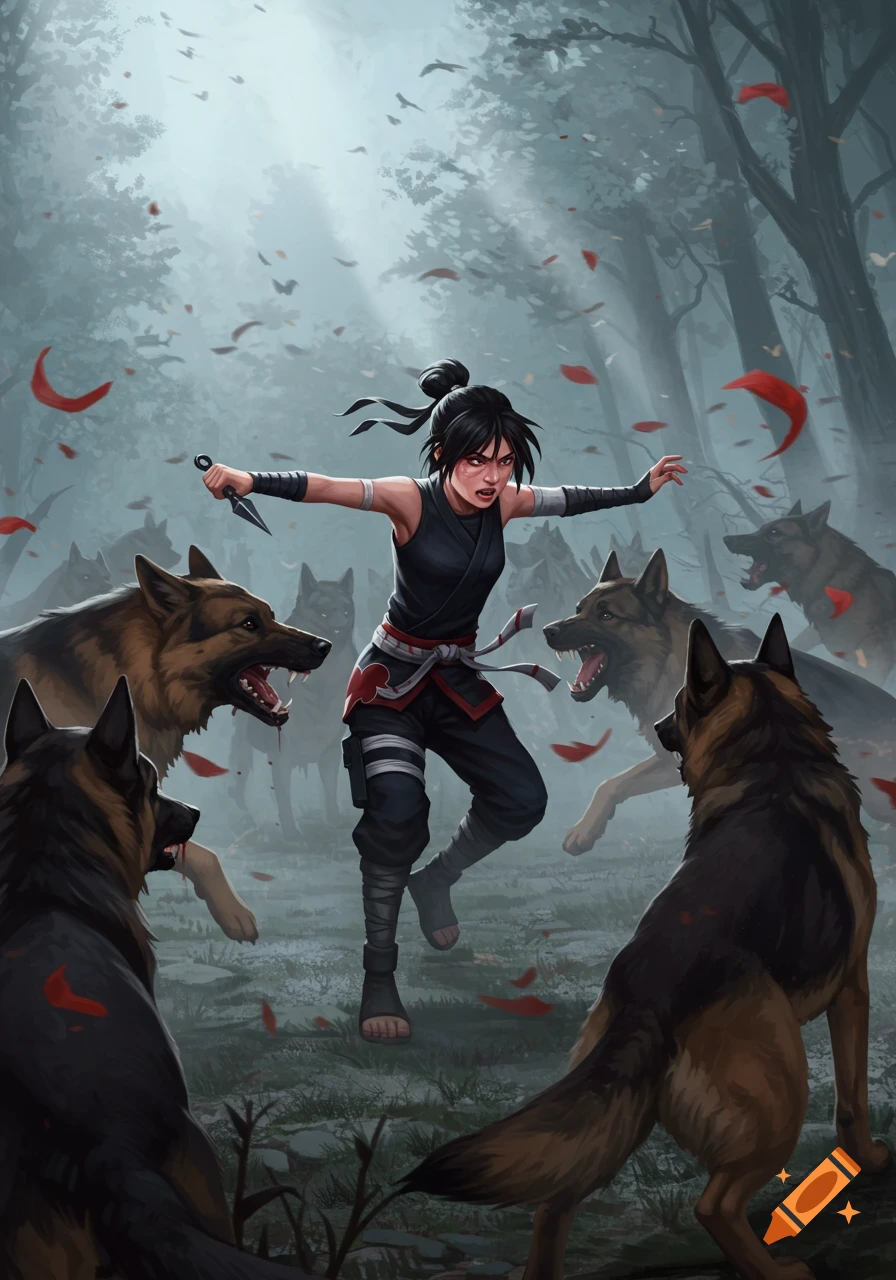 A determined shinobi, armed with a kunai, fights a pack of snarling German shepherds in a foggy forest, with red leaves falling.