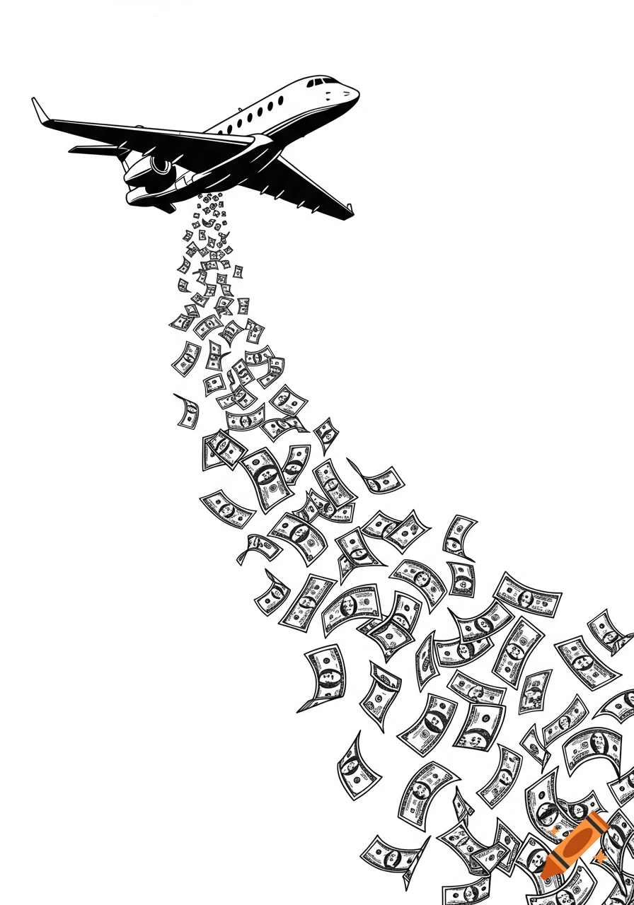 A black and white illustration of a private jet with money falling from its underside.