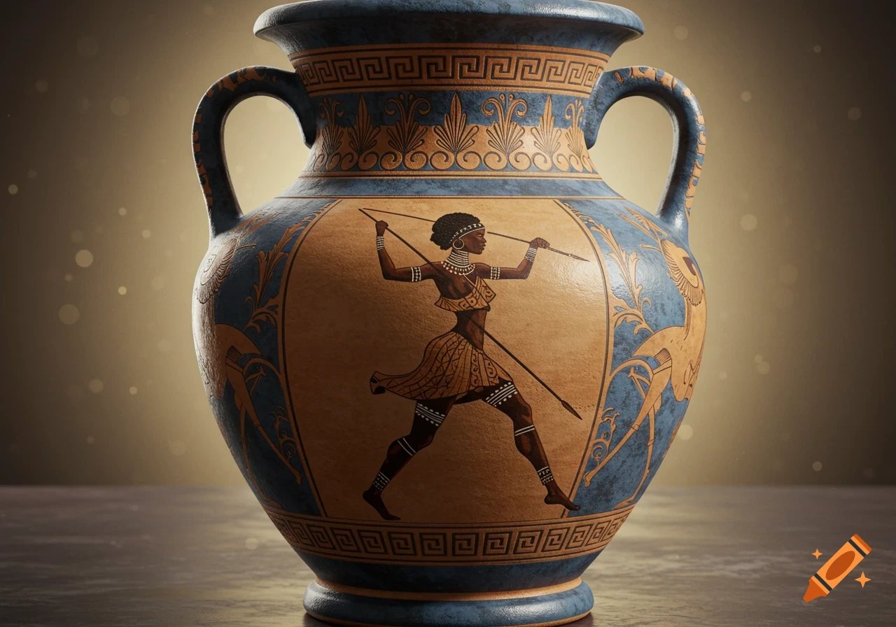 A stylized Greek-style vase featuring a painted Dahomey warrior holding spears, against a softly lit background.