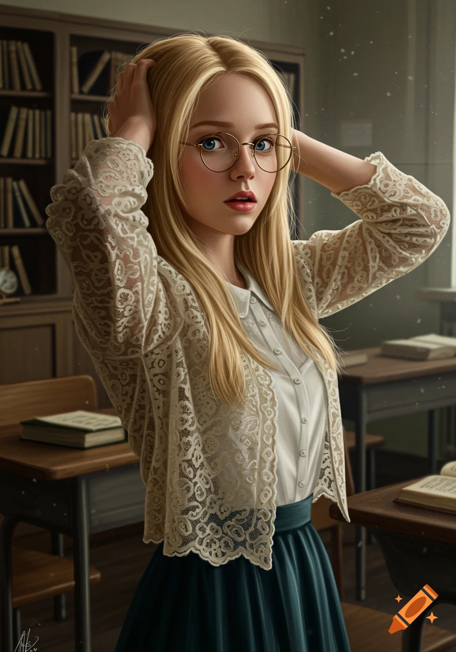 A realistic art portrait of a surprised blonde woman with blue eyes and glasses, wearing a lace bolero, standing in a classroom.
