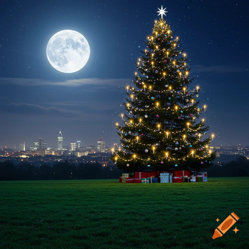 A large, brightly lit Christmas tree stands in a green field under a full moon at night, with a city skyline in the background. Photorealistic style.