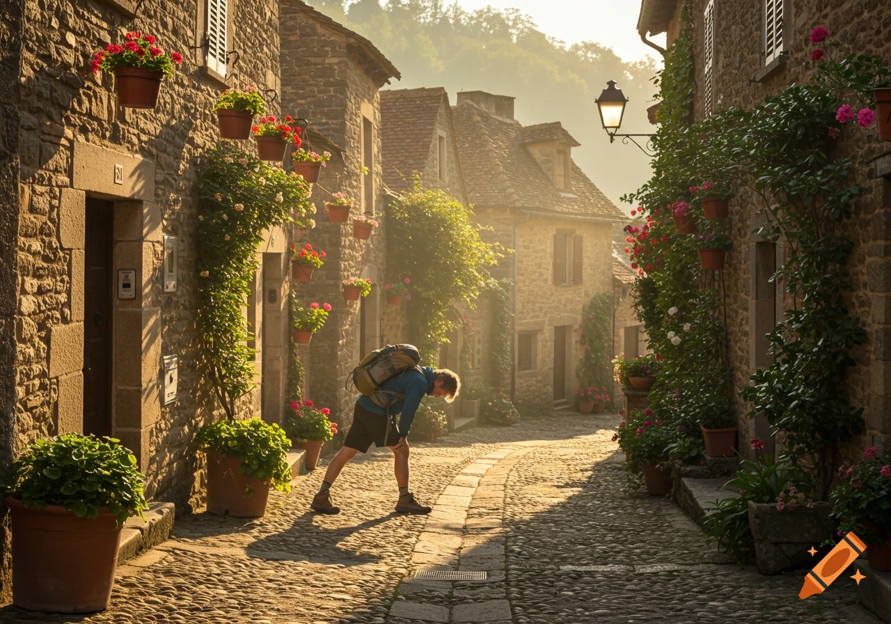 A hiker with a backpack leans over, looking fatigued, on a cobblestone street lined with old stone buildings and hanging flower pots, bathed in warm sunlight.