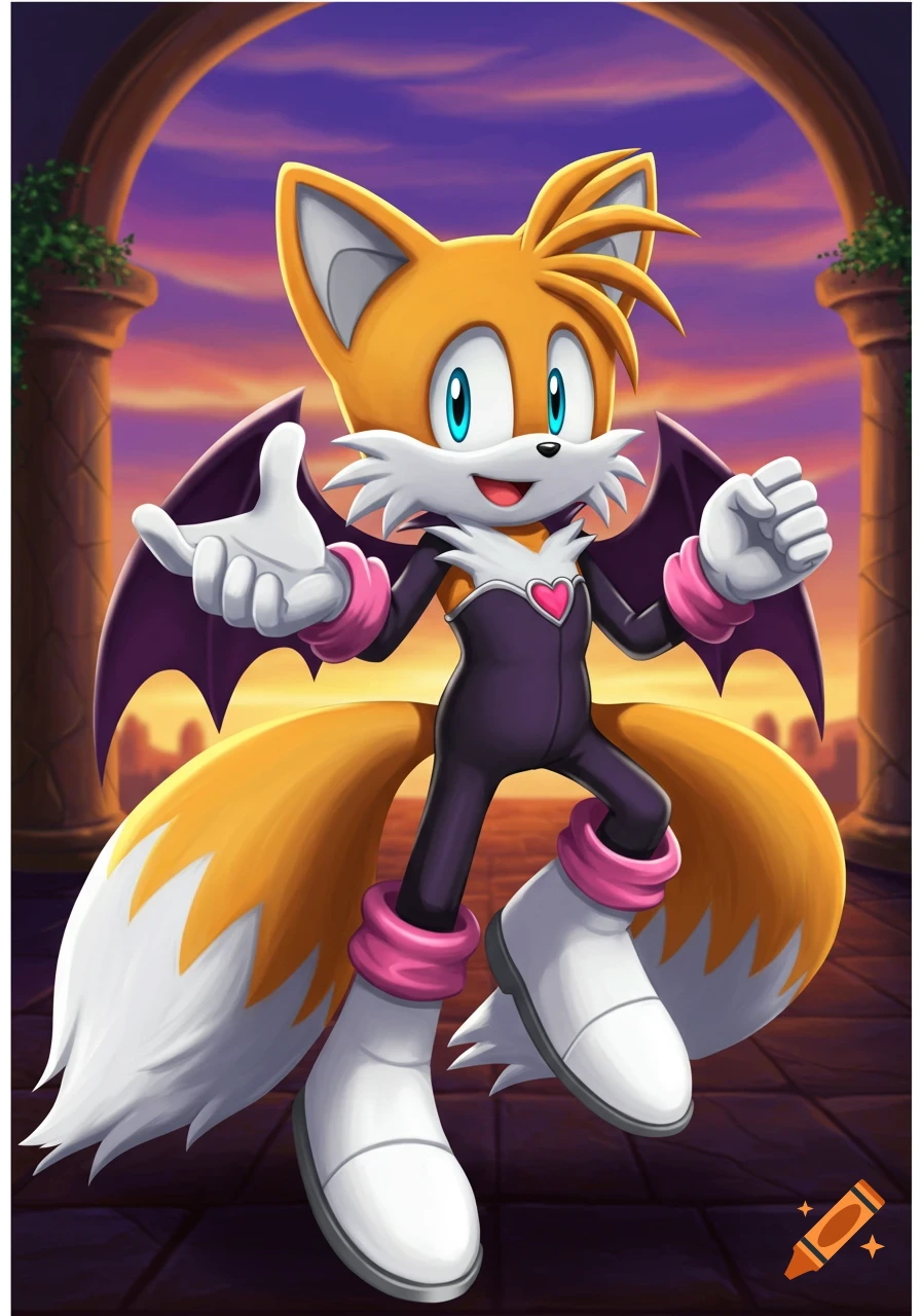 Tails from Sonic the Hedgehog wearing Rouge the Bat's purple and white costume with bat wings, smiling against a sunset background with arches.