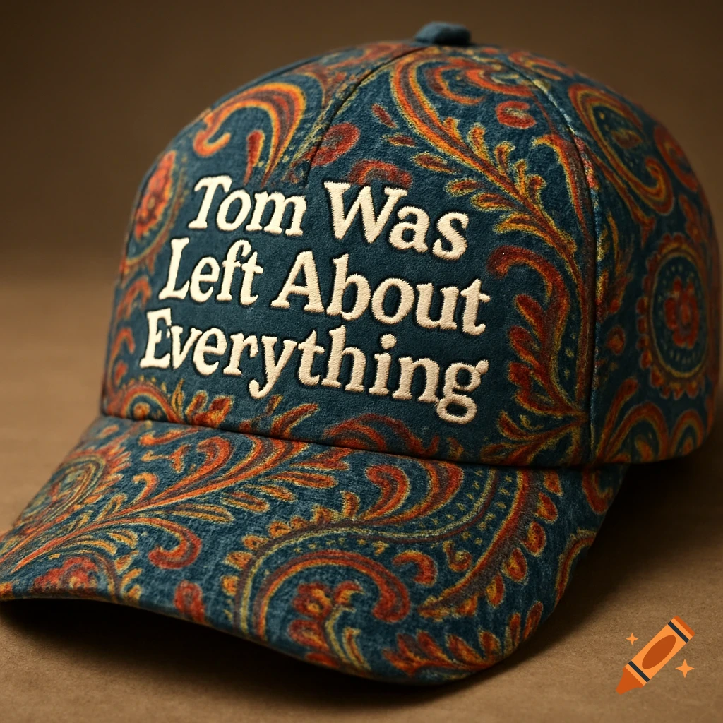 A close-up of a dark teal baseball cap with "Tom Was Left About Everything" embroidered in cream, adorned with a vibrant orange and red paisley pattern.