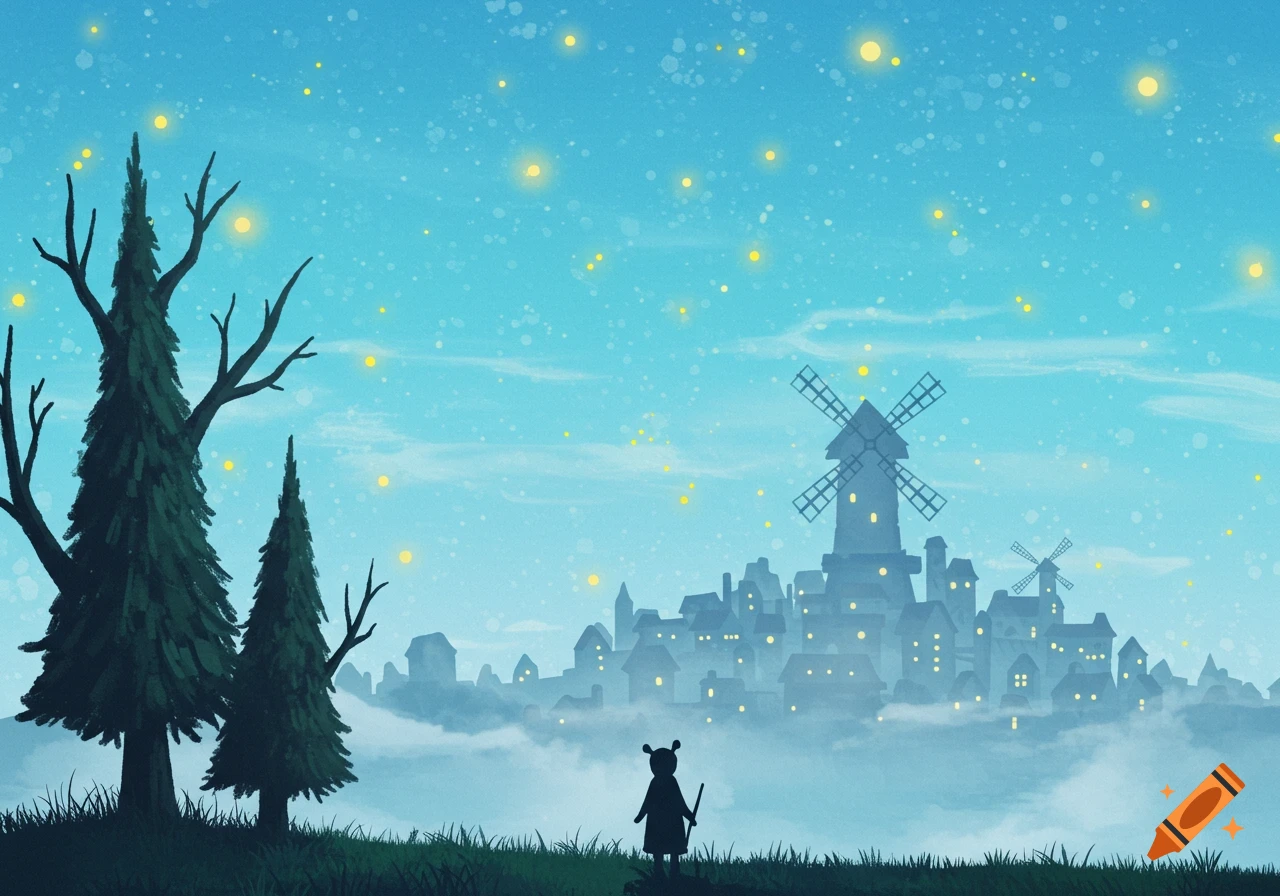 A lone figure on a hill gazes at a glowing village with windmills in mist, framed by tall pine trees, under a blue, starry night sky.