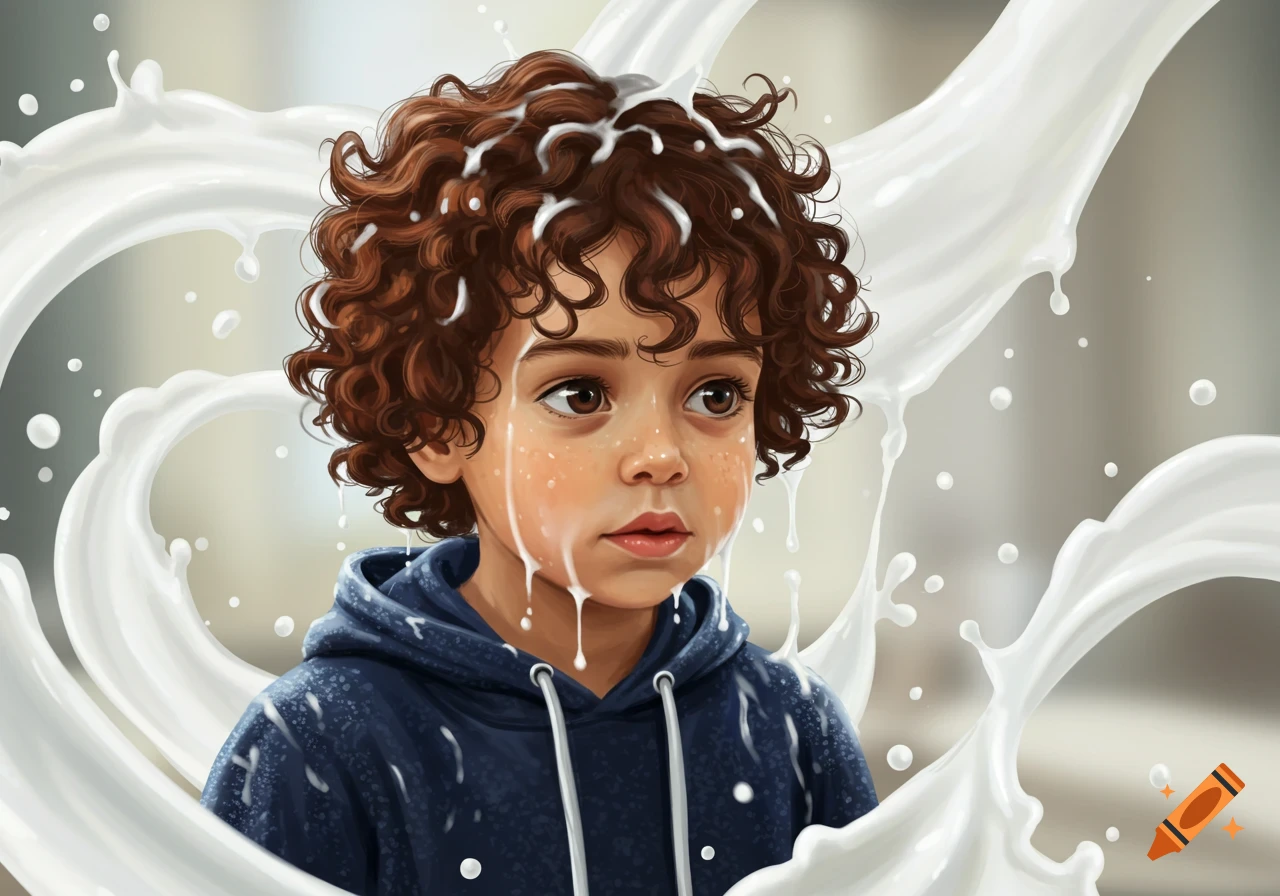 Illustration of a young boy with curly brown hair and brown eyes, wearing a blue hoodie, drenched in splashing milk.