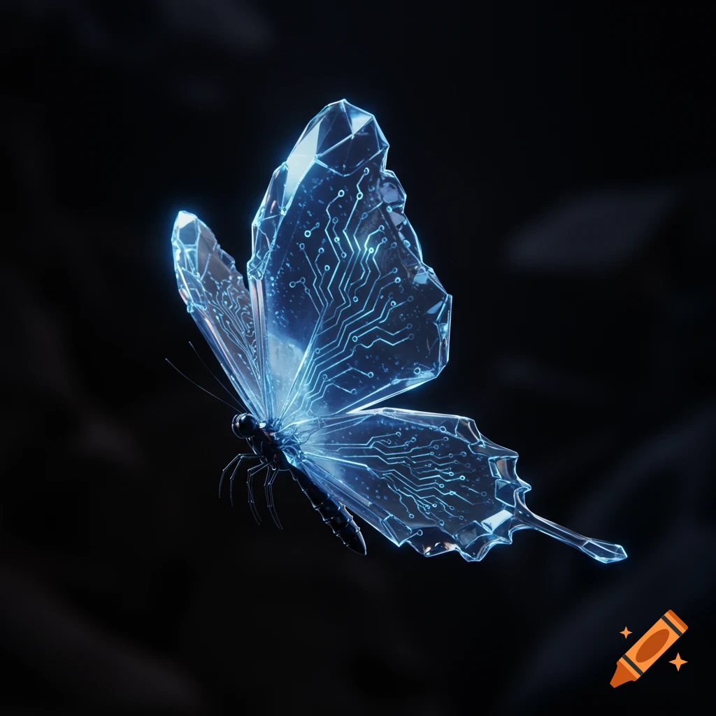 A glowing, translucent blue crystal butterfly with intricate circuit patterns on its wings, against a dark background.