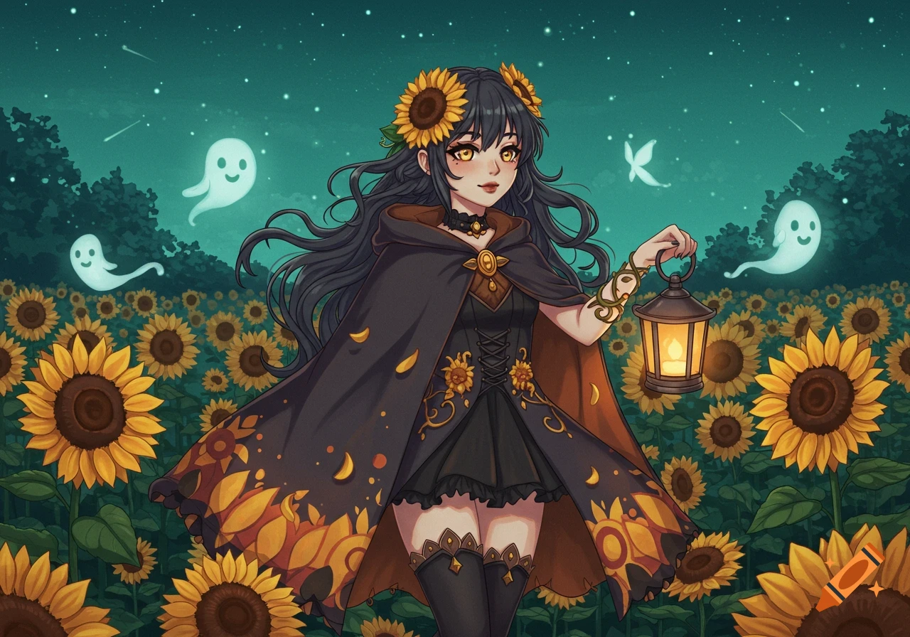 Anime girl with dark hair and sunflower decorations, wearing a cloak and holding a lantern in a sunflower field with ghosts under a starry night sky.