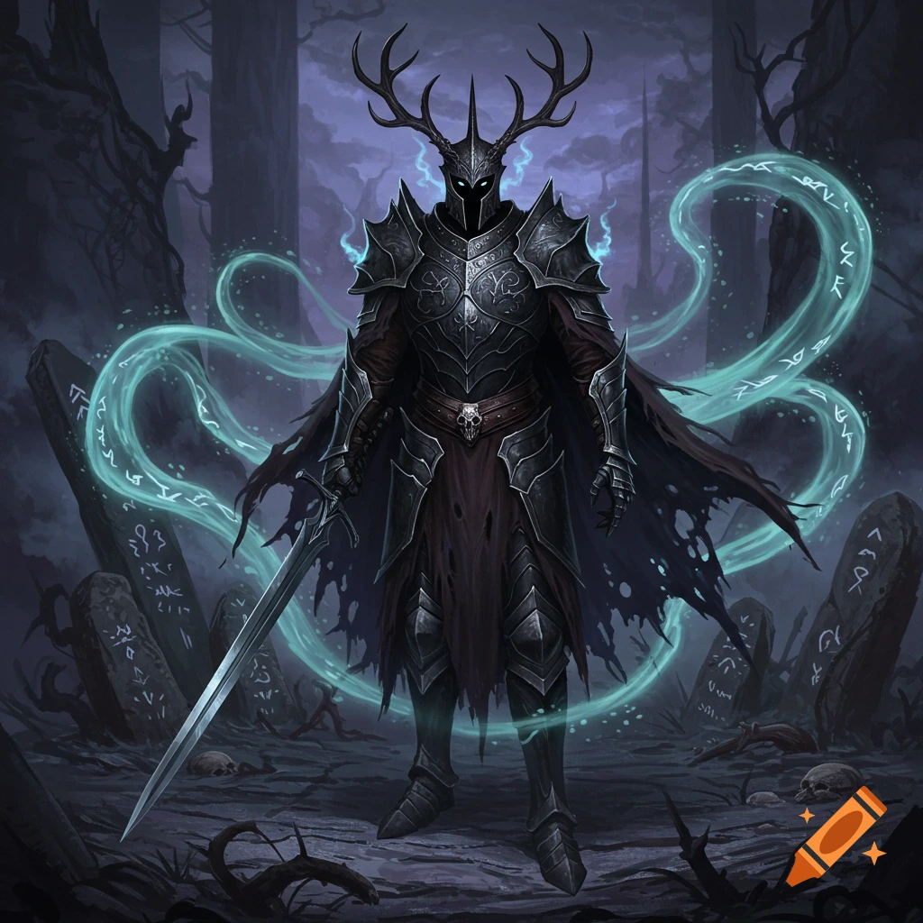 A dark fantasy armored knight with glowing eyes and antlers stands in a grim forest with glowing runes and ancient stones.