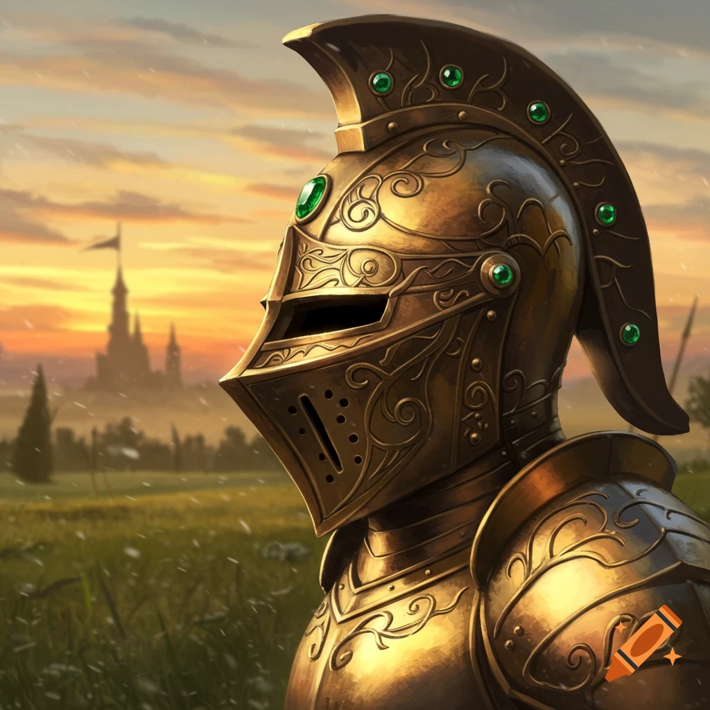Close-up profile of an ornate golden knight's helmet with green gems against a sunset field with a distant castle.