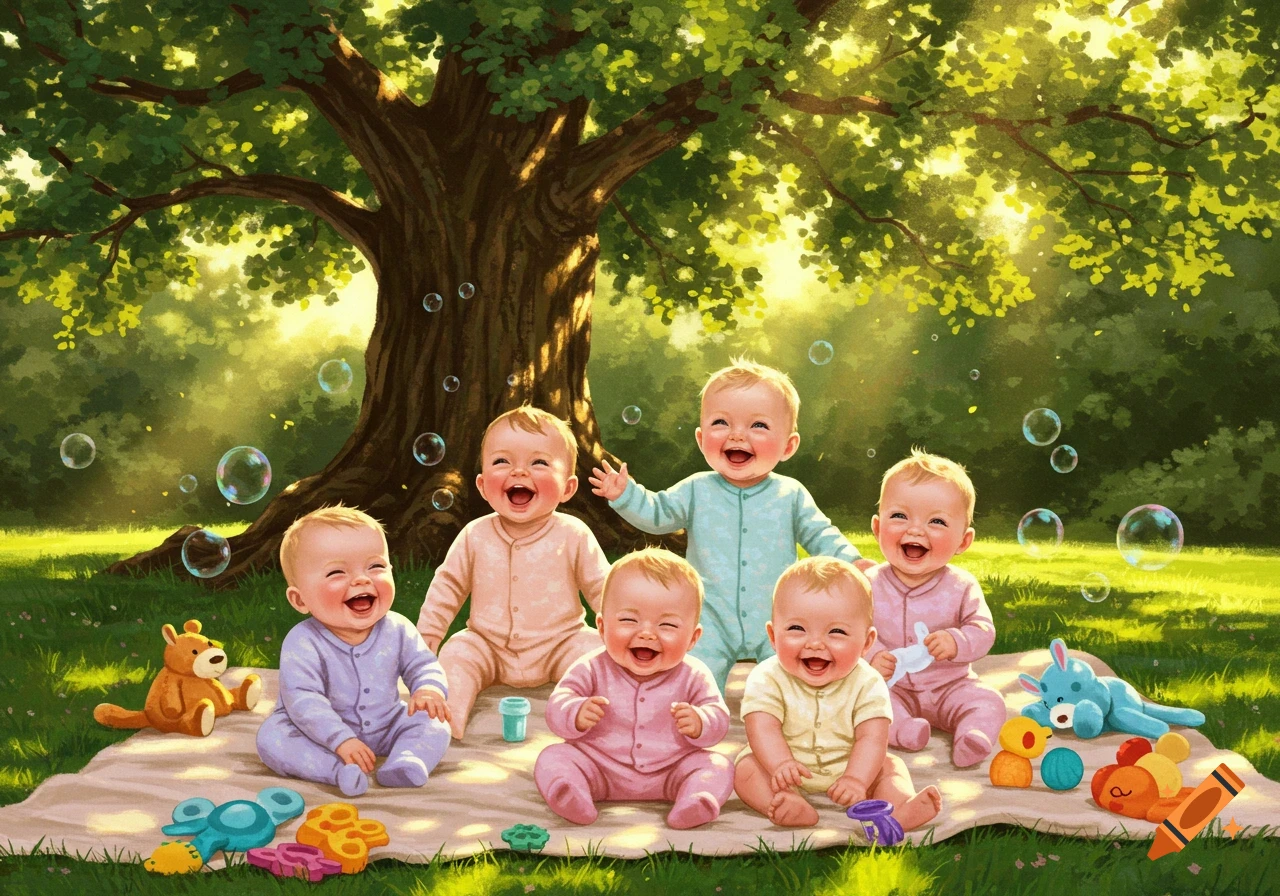 Six happy babies in colorful onesies laughing and playing on a blanket under a large tree in a sunny park with bubbles.