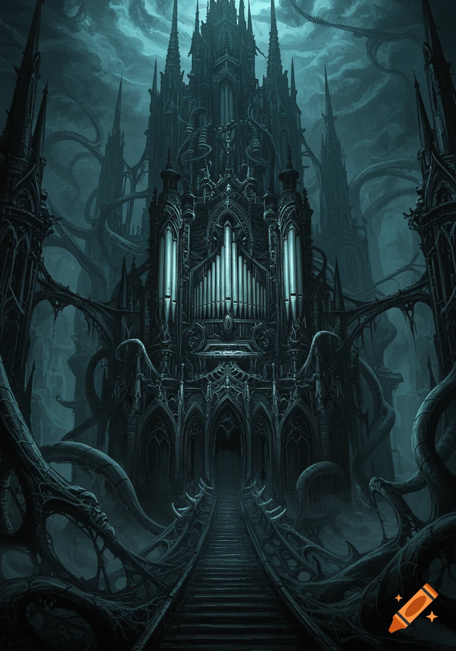 Dark, imposing biomechanical castle with an organ, in H.R. Giger style.
