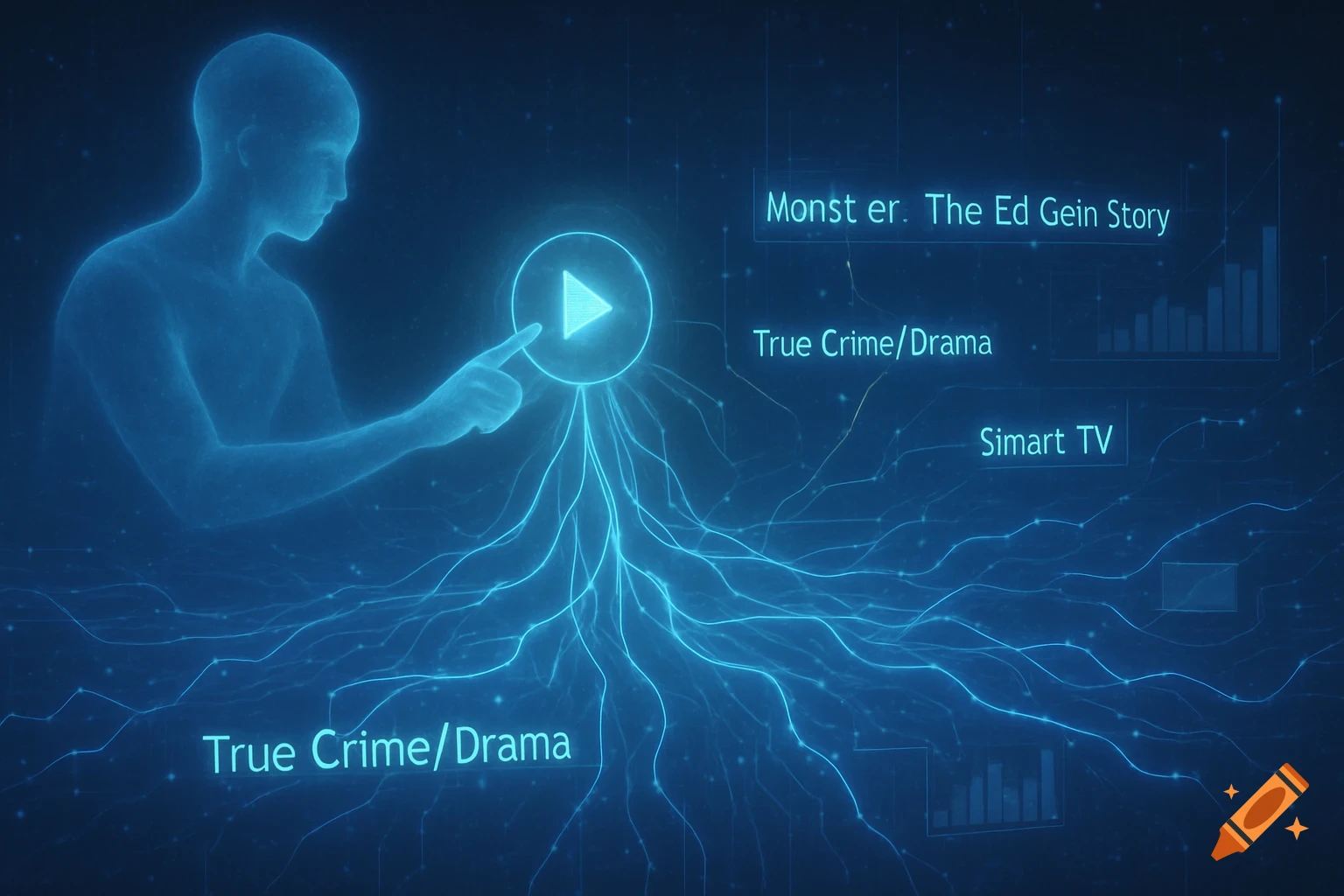 A glowing blue holographic human figure touches a digital play button, connected by data lines to text labels like "Monst er. The Ed Gein Story" and "Simart TV", against a dark, futuristic background with bar graphs.
