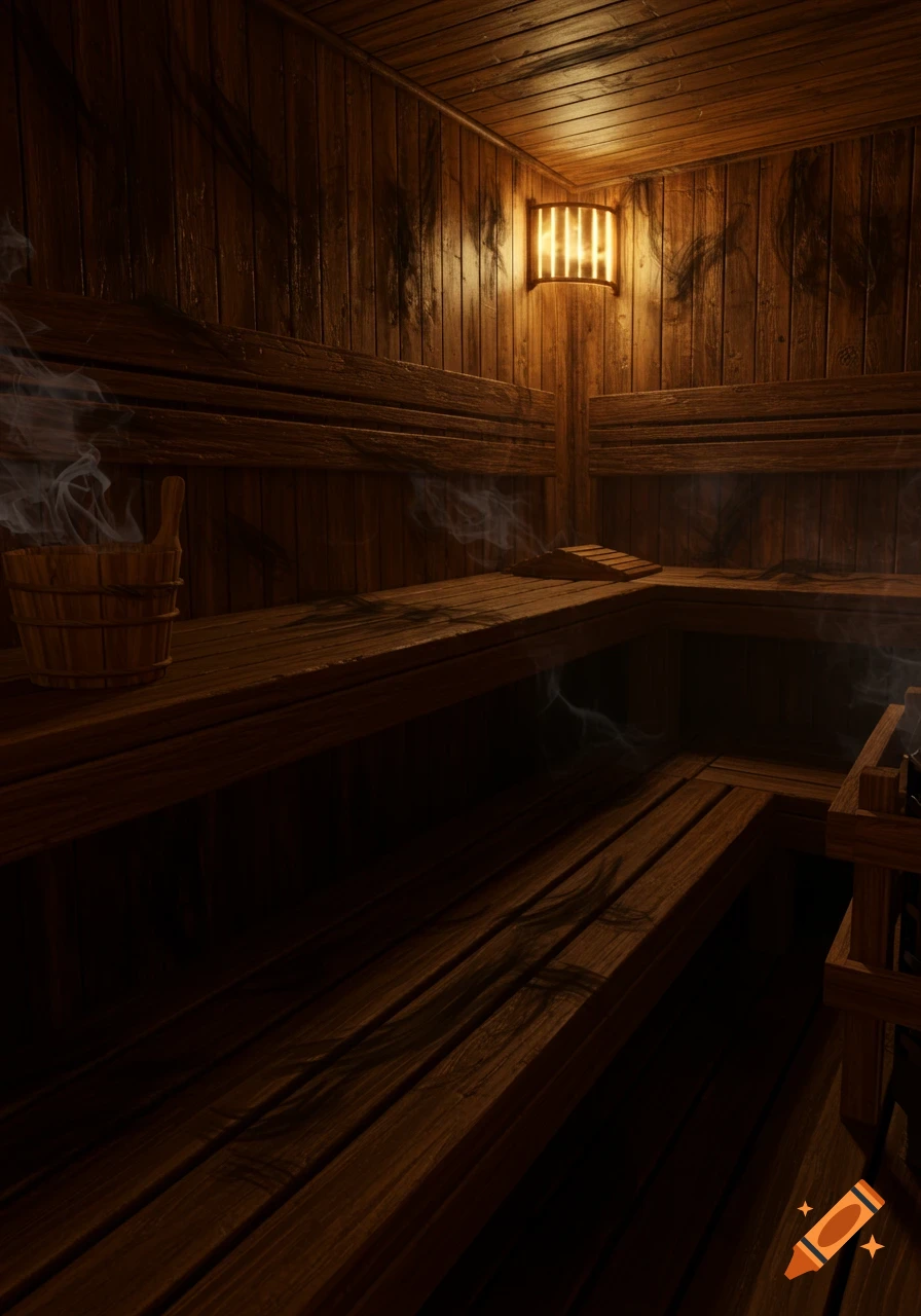 A dimly lit wooden sauna interior with steam, benches, a bucket, and dark hair-like patterns on the walls and benches.