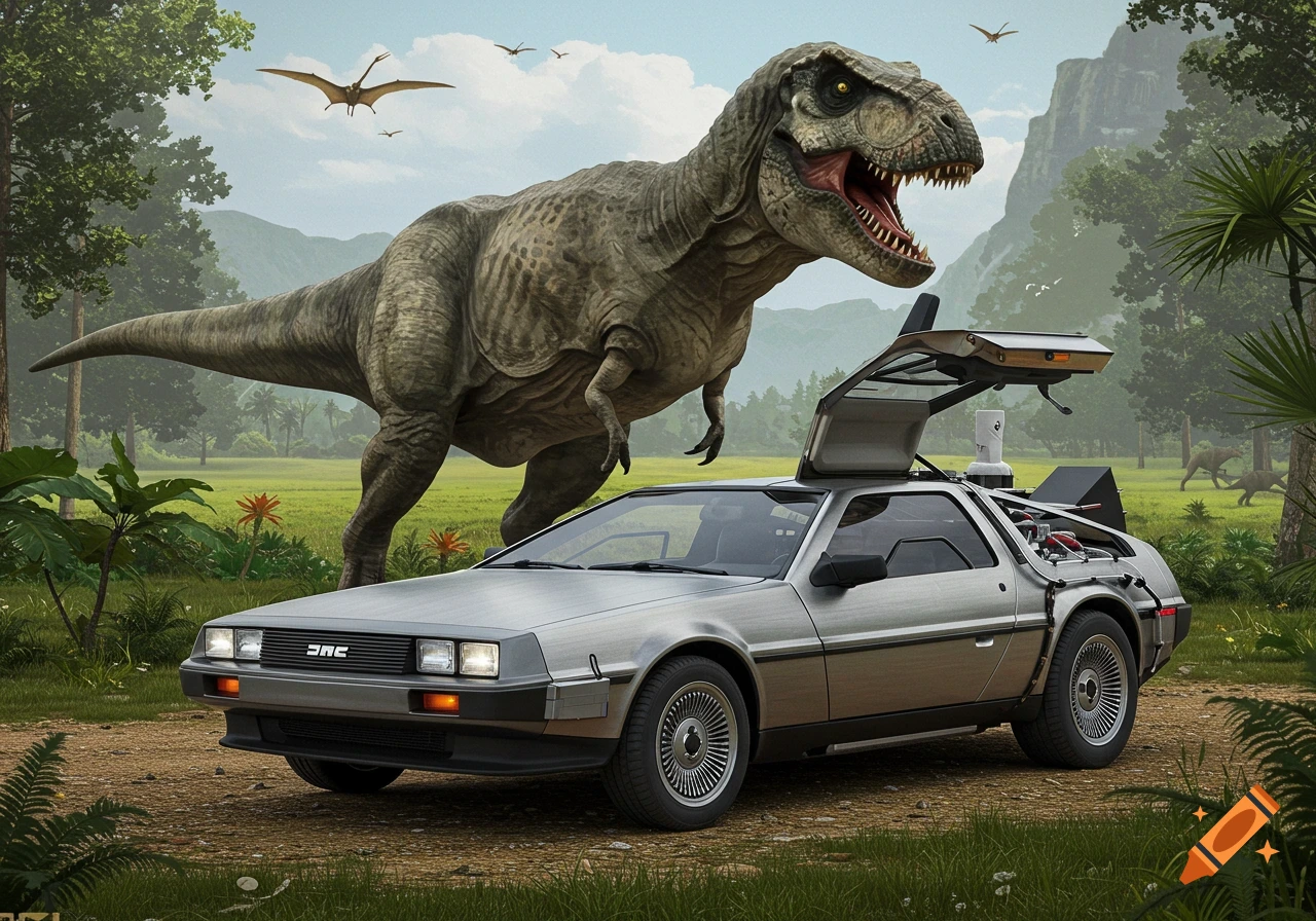 A massive Tyrannosaurus Rex roars behind a silver DeLorean with open gull-wing doors in a prehistoric jungle landscape.