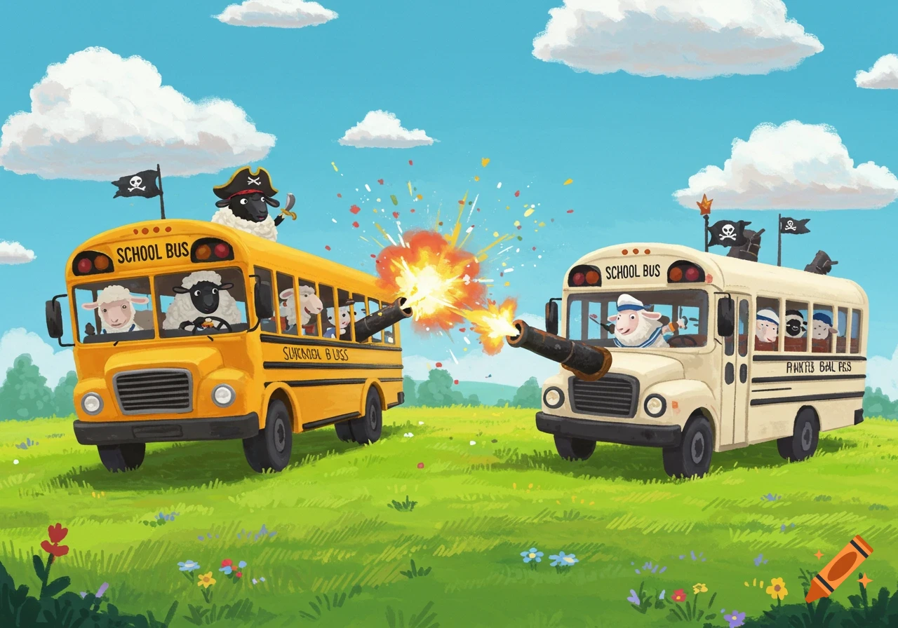A cartoon illustration of two school buses, driven by sheep pirates, firing cannons at each other in a grassy field.