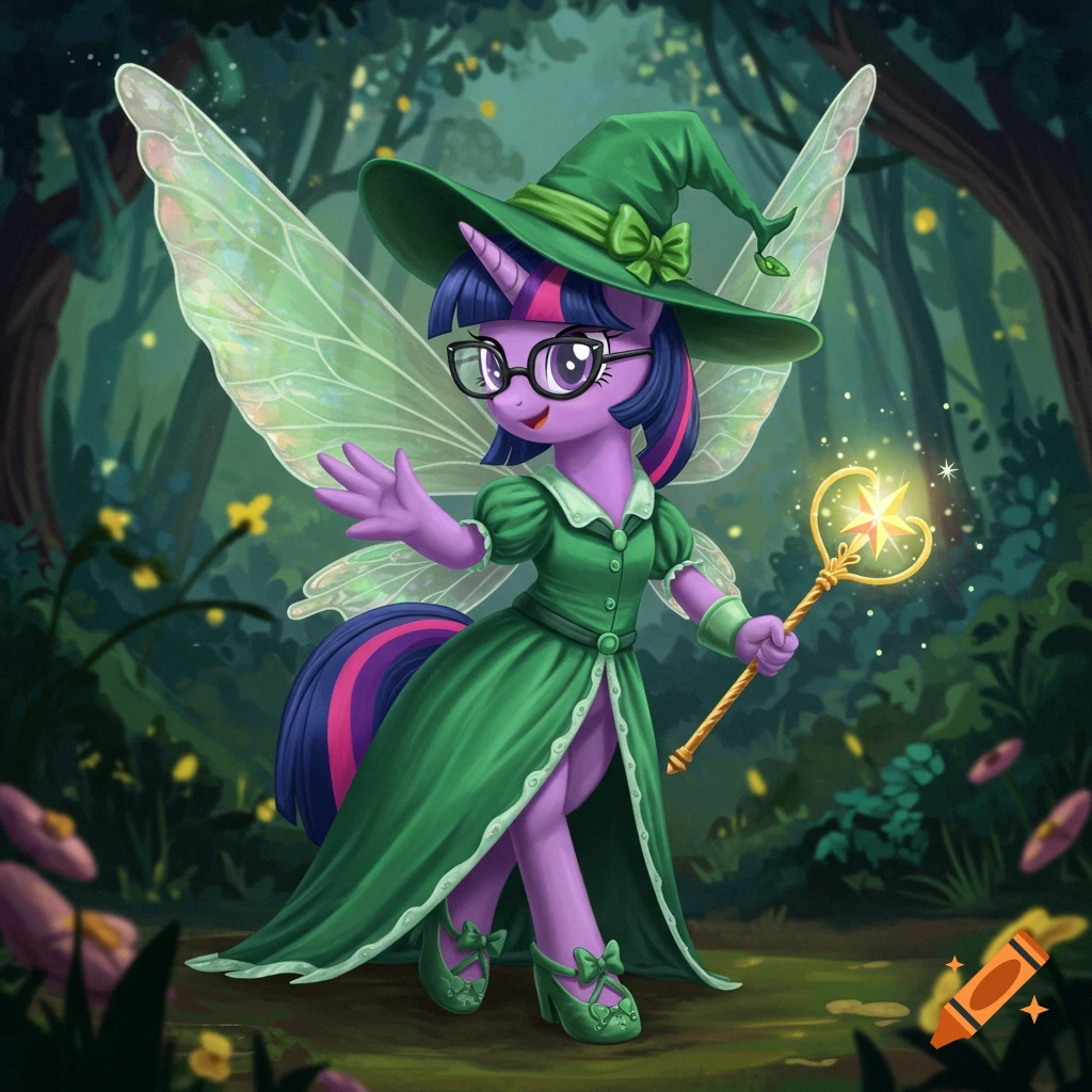 Cartoon Twilight Sparkle as a green fairy-witch with glasses and wings in a forest, holding a glowing star wand.