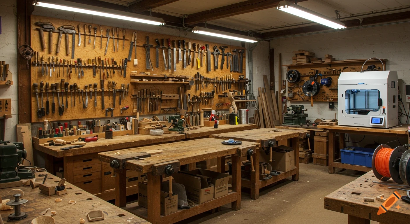A wide shot of a woodworking workshop with numerous hand tools organized on a pegboard, sturdy wooden workbenches, and a white 3D printer on a table to the right.