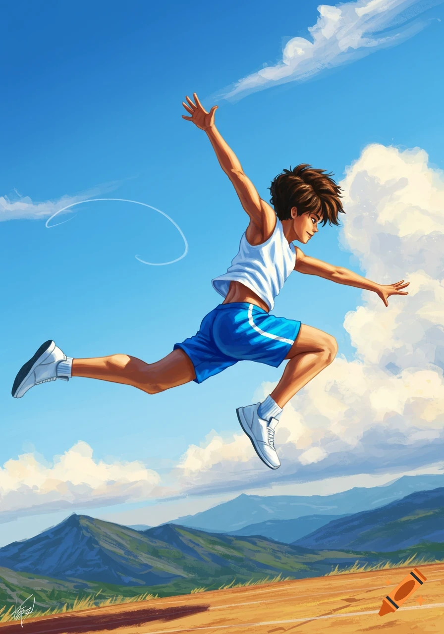 Anime-style illustration of a young man in athletic wear leaping over a running track with mountains and a bright blue sky.