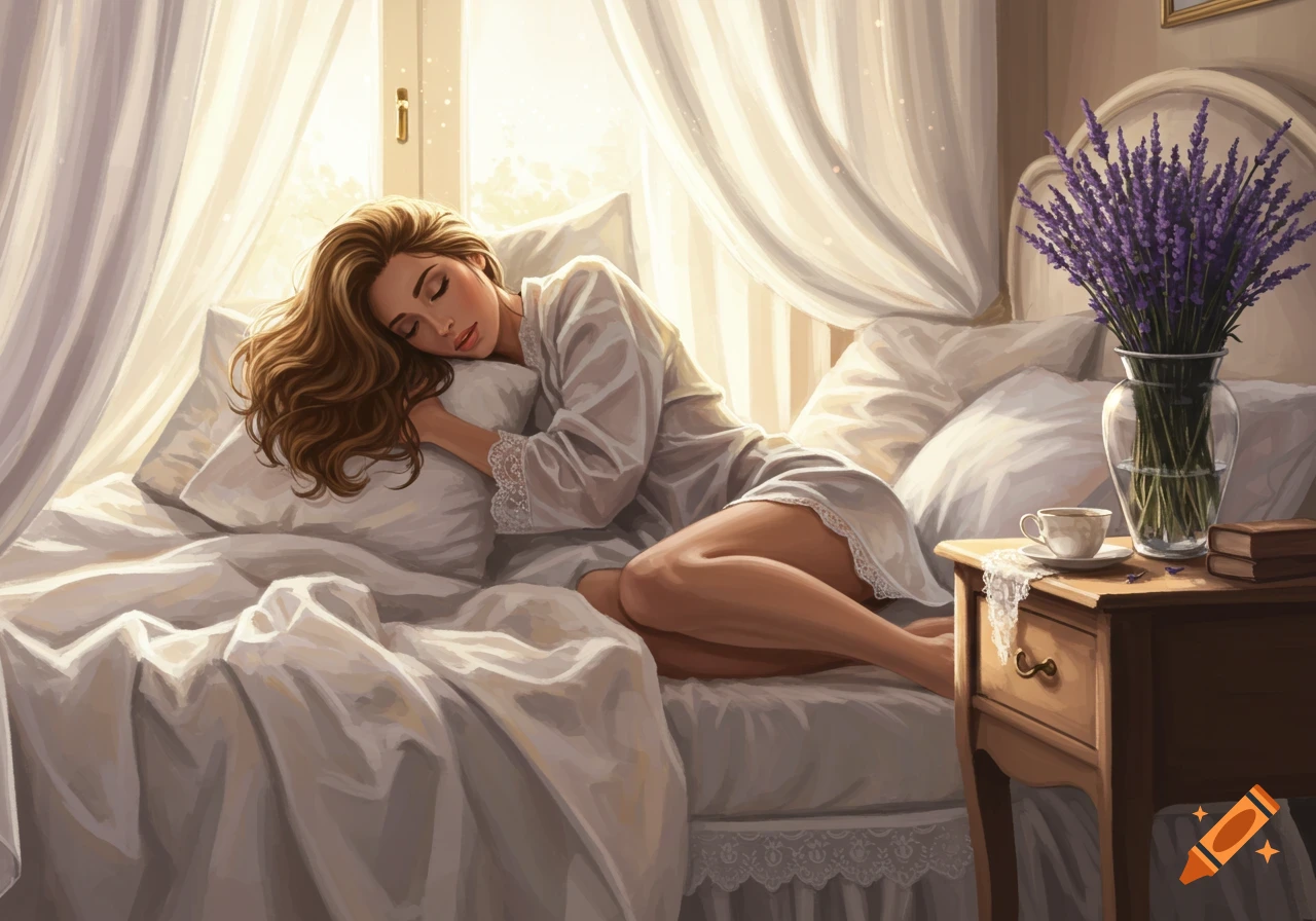 Digital painting of a woman with long brown hair sleeping peacefully in a white nightgown on a sunlit bed, with lavender.