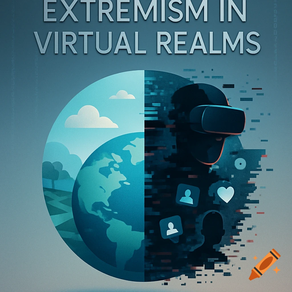 A stylized split globe showing a natural landscape on the left and a digital virtual reality world with a VR headset on the right. Text reads 'EXTREMISM IN VIRTUAL REALMS'.