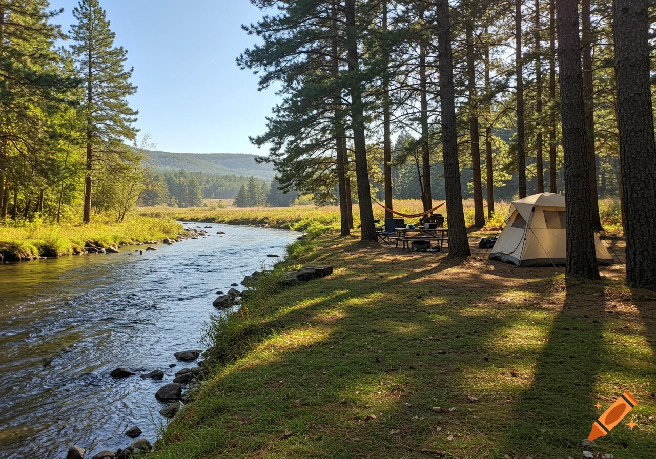 A sunny, photorealistic scene of a campsite with a tent, picnic table, and hammock beside a rocky river flowing through a pine forest.