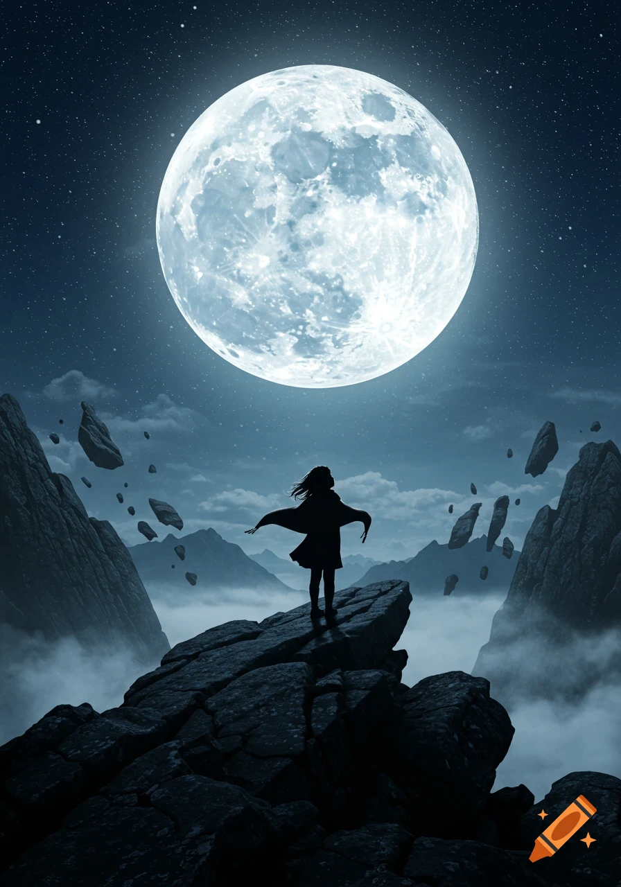 A silhouette of a person stands on a rocky mountain peak looking at a massive full moon in a starry night sky with floating rocks and misty valleys.