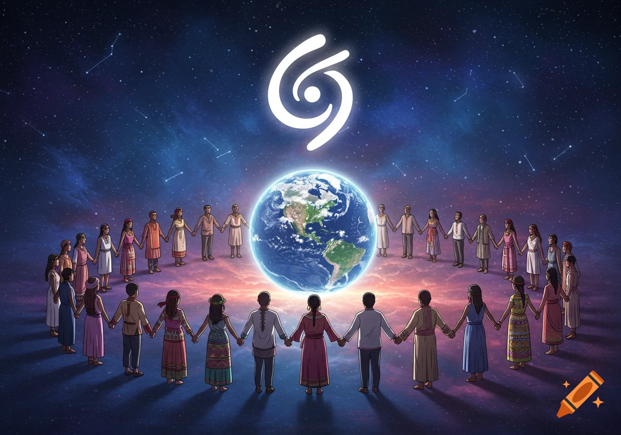 Stylized illustration of diverse people holding hands in a circle around a glowing Earth, set against a cosmic starry background.