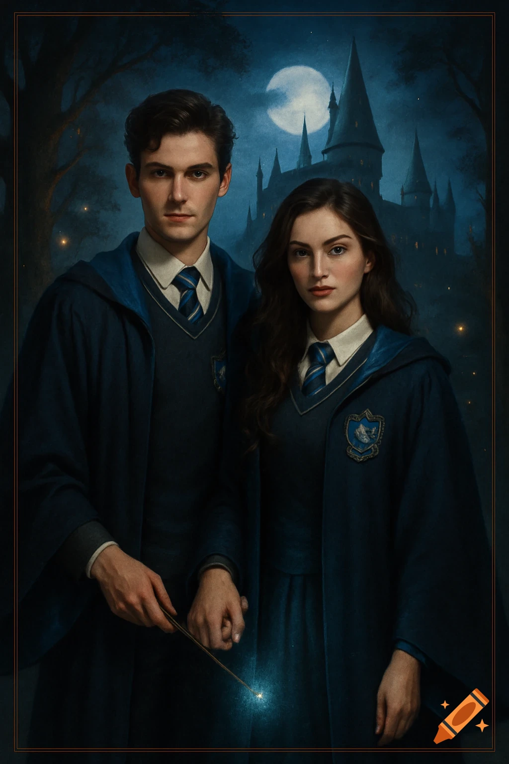 A man and a woman in dark blue Ravenclaw robes stand before a moonlit castle, the man holding a glowing wand.