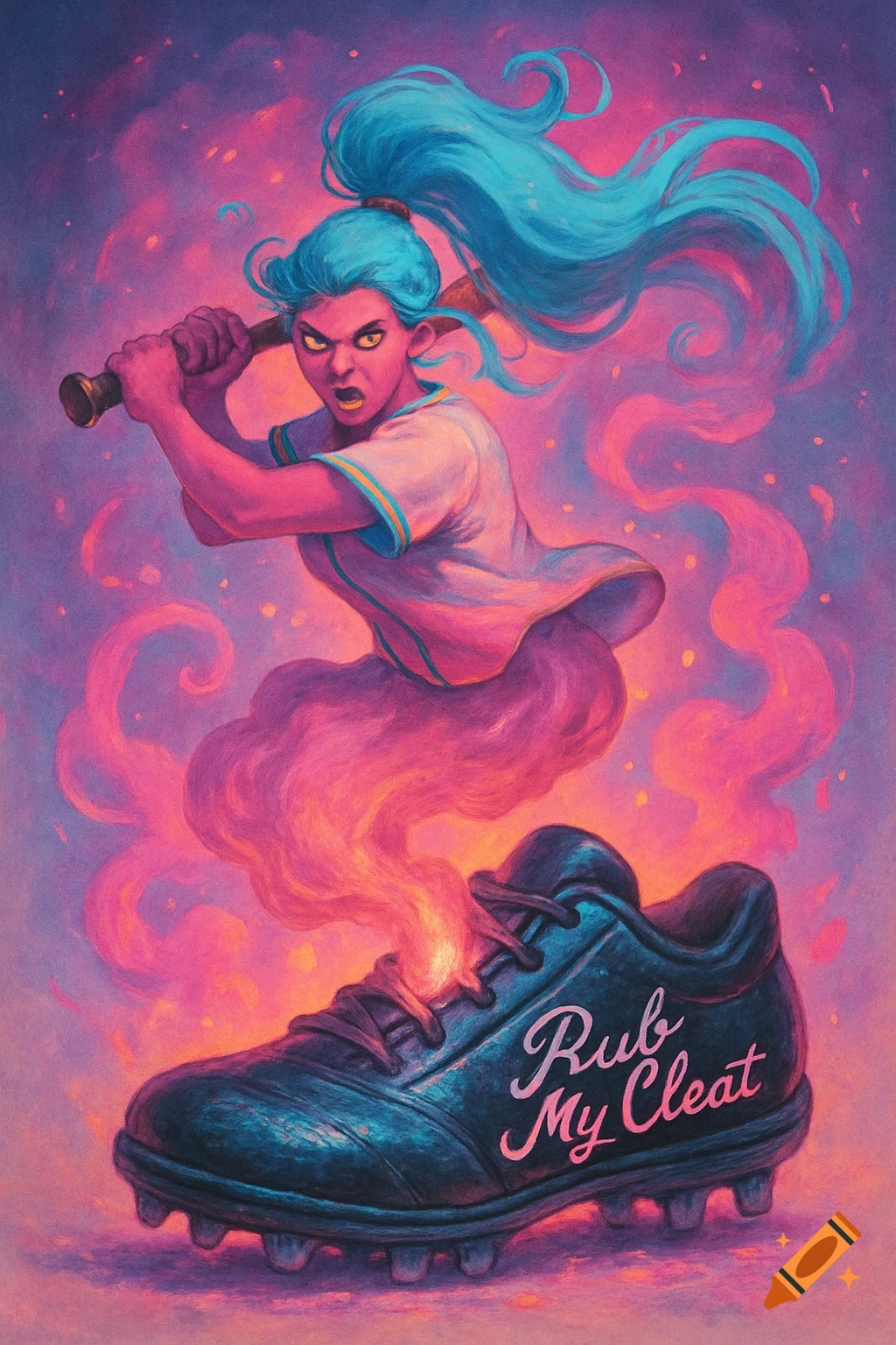 A vibrant fantasy illustration of a fierce female genie with blue hair, in a baseball jersey, swinging a bat while emerging from a cleat with 'Rub My Cleat' text, surrounded by pink smoke.