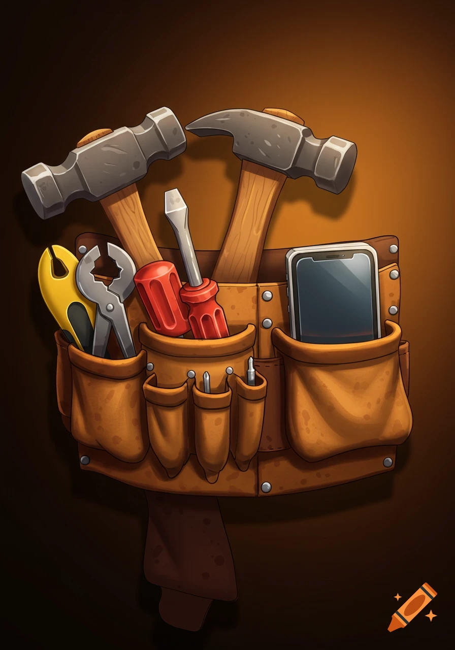 A cartoon illustration of a brown leather tool belt filled with various tools like hammers, screwdrivers, pliers, and a smartphone.