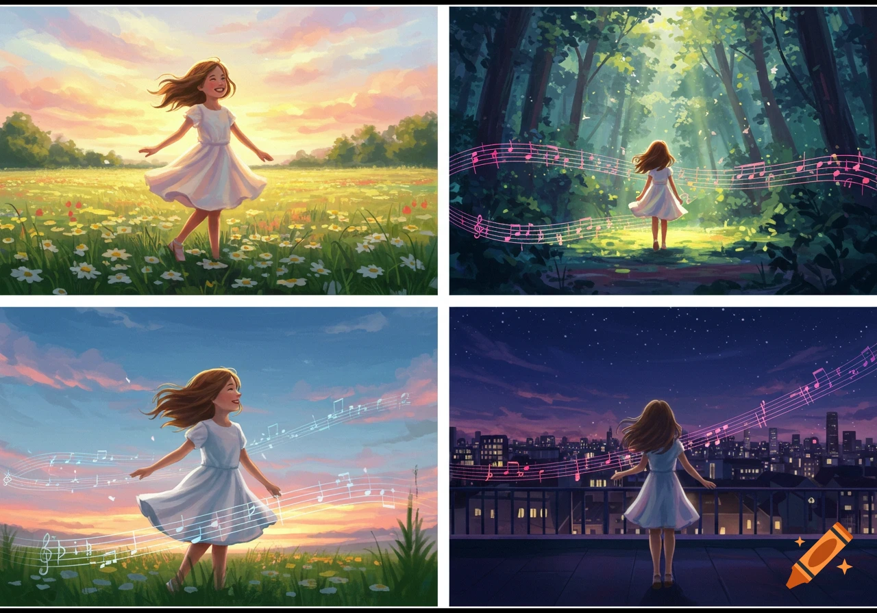 A four-panel illustration showing a girl dancing outdoors: first in a flower field at sunrise, then a forest, a sunset field, and a city rooftop at night, with musical notes floating around her.