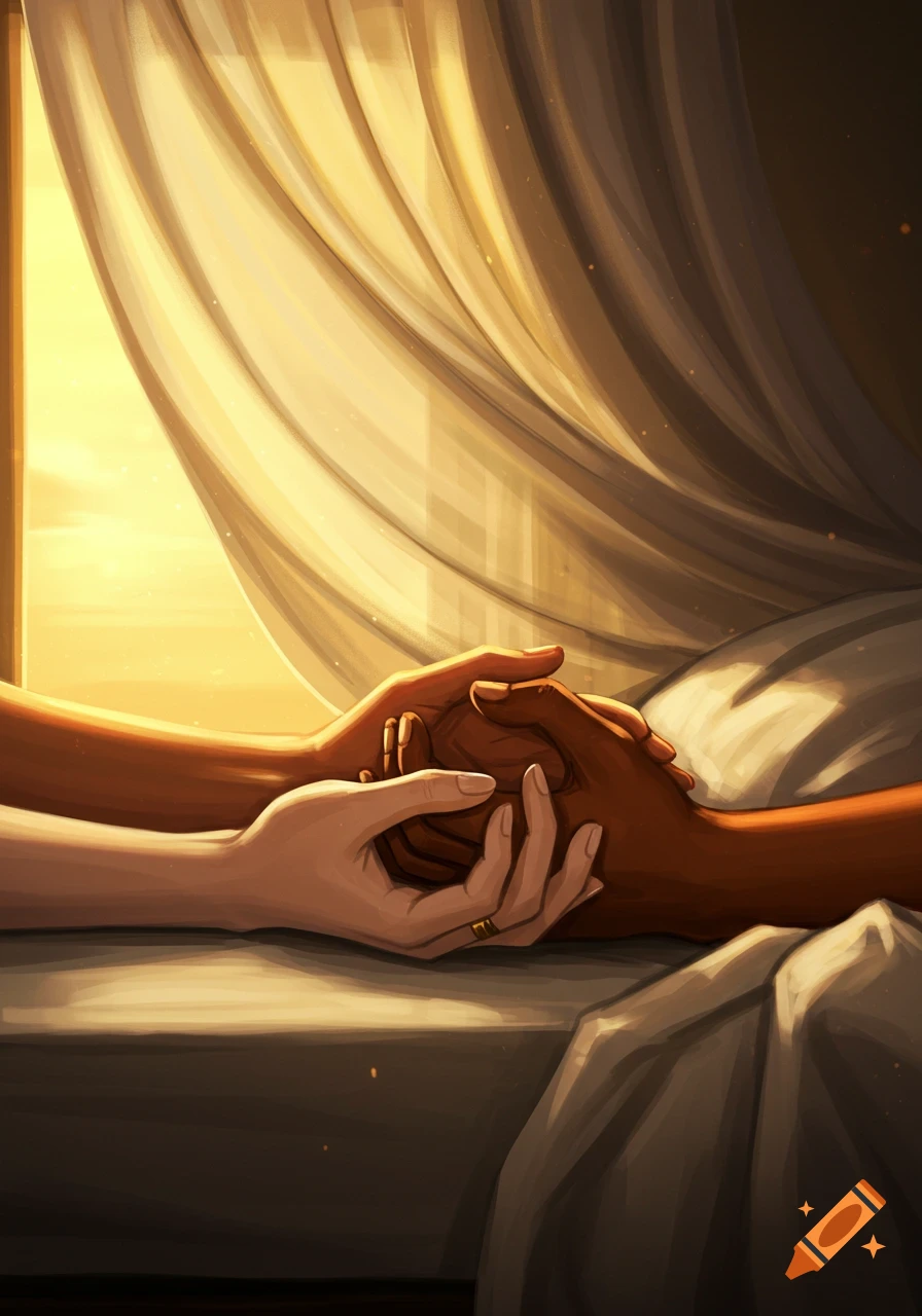 A pale hand with a gold ring gently clasps a dark-skinned hand on a bed, illuminated by warm window light, digital art.