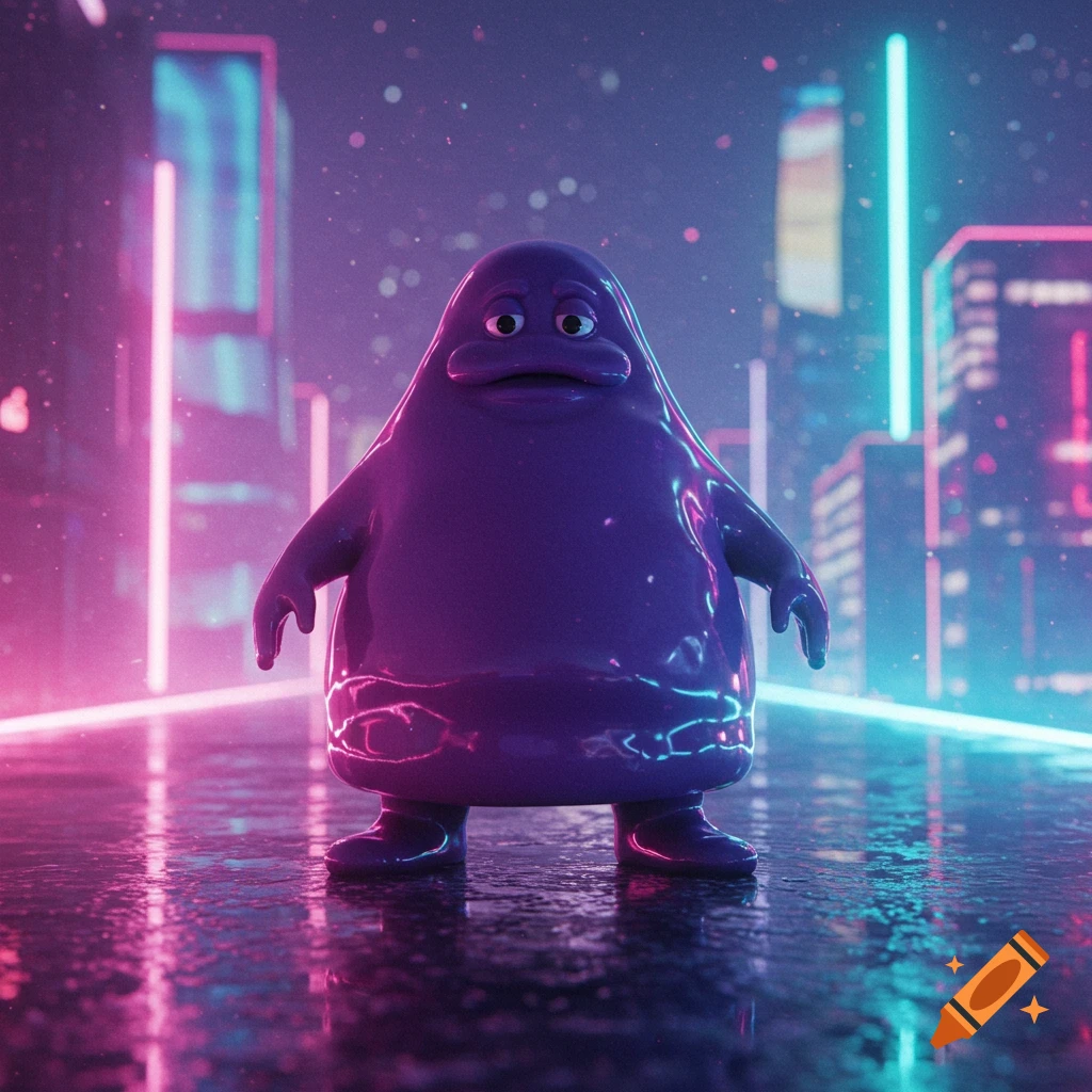 A glossy purple Grimace stands in a neon-lit cyberpunk city, reflecting pink and blue lights.