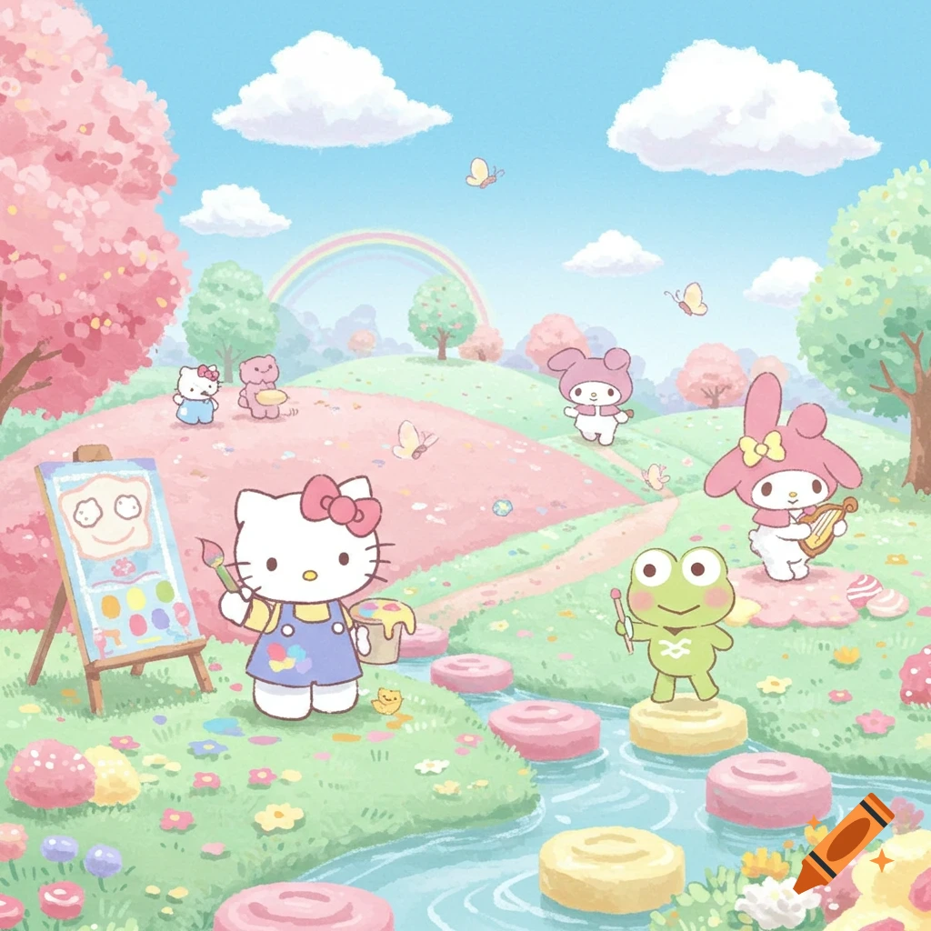 Hello Kitty painting in a pastel, whimsical landscape with My Melody, Keroppi, and other Sanrio characters.