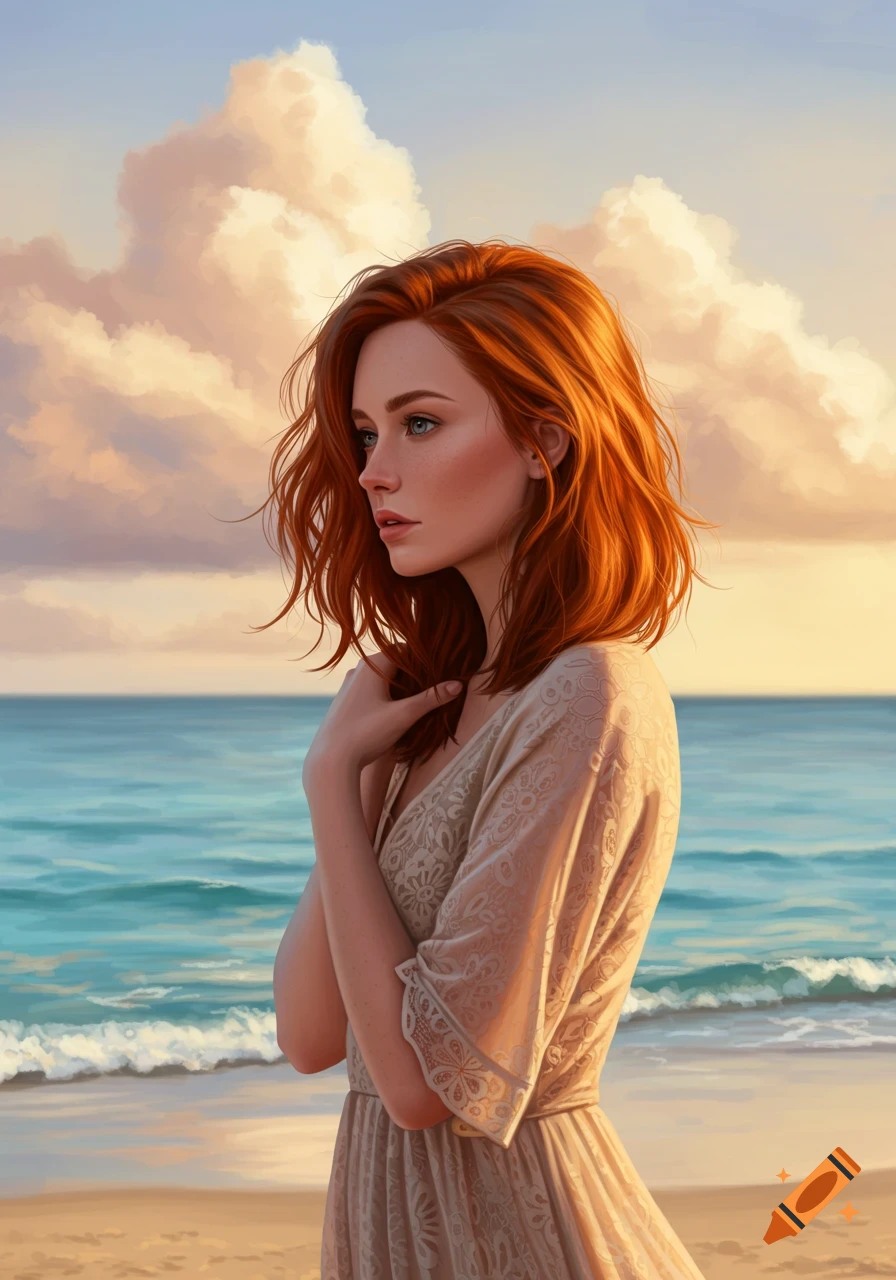 A redhead woman in a lacy dress stands on a beach, gazing towards the ocean at sunset in a painterly style.