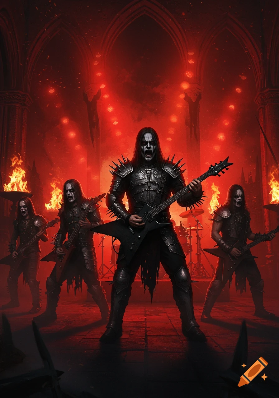 A black metal band with four members in corpse paint and spiked armor plays guitars amidst flames in a dark, gothic cathedral.