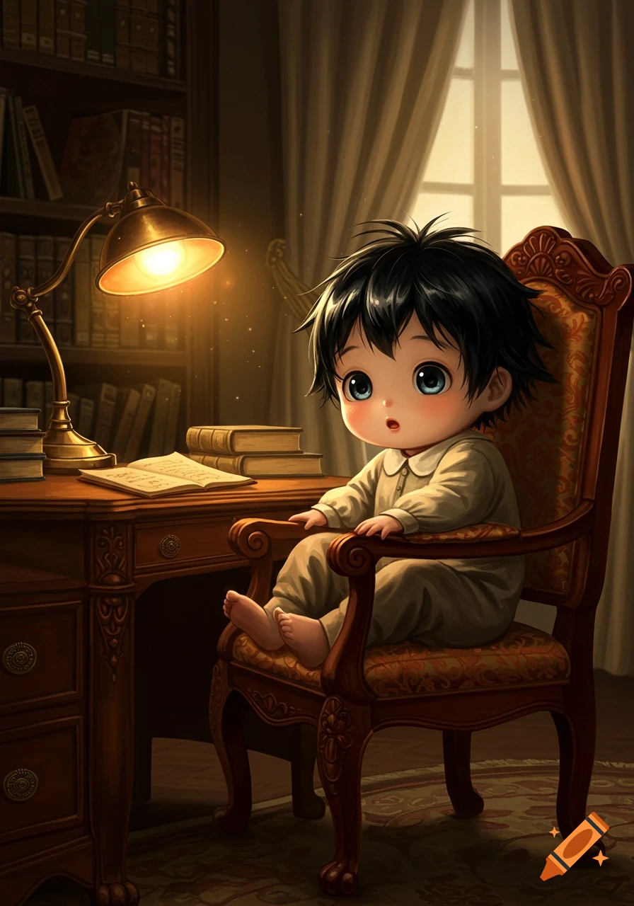 A cute anime baby with black hair sits at a wooden desk in a cozy library, illuminated by a glowing desk lamp.